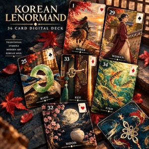 May include: A 36-card digital Lenormand deck featuring Korean-inspired artwork. Cards display scenes including a rider, a person, a jade ring, a key, fish, and the moon, with text labels like KOREAN LENORMAND and 36 CARD DIGITAL DECK visible.
