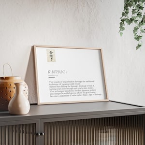 Poster con significato di Kintsugi in giapponese con cornice in legno / Arte murale minimalista