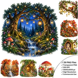 Könnte beinhalten: Eine digitale Sammlung von 29 hochauflösenden PNG-Dateien mit Fantasy-Waldszenen, leuchtenden Laternen, Wasserfällen, Pilzen und Waldtieren wie Eichhörnchen, Füchsen und Eulen, die alle auf einem transparenten Hintergrund dargestellt sind.