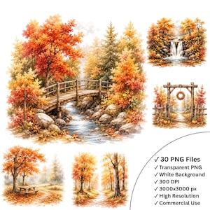 Può includere: Una collezione di illustrazioni digitali con paesaggi autunnali con alberi arancioni e rossi, un ponte di legno su un ruscello, una cascata, un arco di legno con una ghirlanda, un tavolo da picnic e un sentiero nel bosco. Testo include 30 PNG Files.
