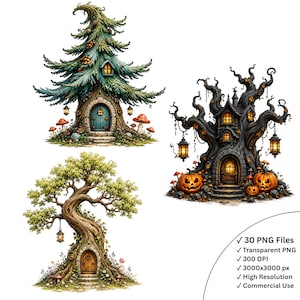 Könnte beinhalten: Drei digitale Illustrationen von Baumhäusern: ein grüner Nadelbaum mit blauer Tür, ein dunkler, knorriger Baum mit leuchtenden Laternen und Kürbissen sowie ein hellgrüner Laubbaum mit Holztür und einer hängenden Laterne.