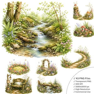 Può includere: Una collezione digitale di 43 file PNG ad alta risoluzione con illustrazioni ad acquerello di paesaggi boschivi, tra cui un ruscello, rocce coperte di muschio, felci, fiori selvatici, funghi, una panchina e un arco da giardino.