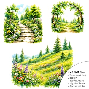 Può includere: Una collezione di tre illustrazioni digitali in stile acquerello che raffigurano un sentiero di pietra in un bosco, un arco di alberi su un prato e un pendio vivace con fiori selvatici e pini, con testo che elenca 42 file PNG.