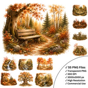 May include: A digital collection of 55 autumn-themed forest illustrations featuring a wooden bench under a large tree, a campfire, a wooden fence, a tree stump, a waterfall, a stream, and a bridge, all rendered in vibrant orange and brown tones.