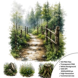 Woodland Nature Scene Clipart, 40 PNG Watercolor Forest After Rain,Background, Backdrop, Rustic Forest Landscape, Commercial Use, Printable