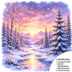 39 Vinterskog Akvarell Clipart, Snölandskap, Vinterland PNG (Digital Nedladdning)