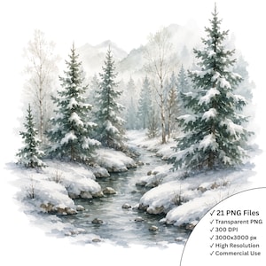Può includere: Un'illustrazione ad acquerello di un paesaggio invernale con alberi sempreverdi coperti di neve e alberi decidui spogli lungo un ruscello, con montagne sullo sfondo. Il testo recita: 21 PNG Files, Transparent PNG, 300 DPI, 3000x3000 px, High Resolution, Commercial Use.