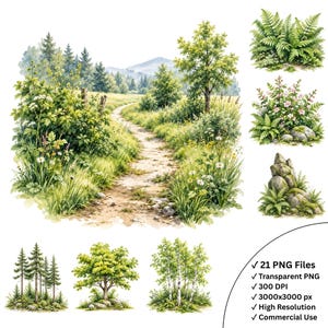 Op de afbeelding: Een digitale illustratieset met een kronkelend zandpad door een grasrijke weide met wilde bloemen, omringd door dennen- en loofbomen, bergen in de verte, en afzonderlijke clusters van varens, bloeiende struiken, rotsen en bomen.
