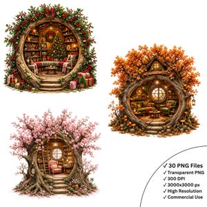 Peut inclure: Une collection numérique de trois illustrations de maisons dans les arbres avec des thèmes saisonniers : une maison de Noël avec des baies rouges, une maison d'automne avec des feuilles orange et une maison de printemps avec des fleurs roses.