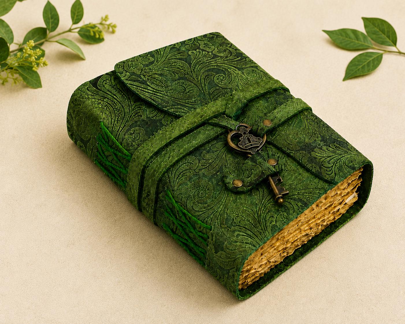 Green Leather Journal with Lock and Key, Embossed Vintage Diary, Deckle Edge Notebook