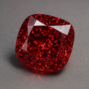May include: A cushion-cut gemstone with a deep, vibrant red color and a highly faceted surface. The stone exhibits intricate geometric patterns and light reflections across its polished, symmetrical top, showcasing a brilliant, clear, and saturated appearance.