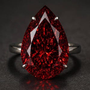 Puede incluir: Un anillo con una gran piedra preciosa de color rojo intenso en forma de pera, montada en una banda de metal plateado pulido. La piedra facetada está asegurada por cuatro pequeñas garras, mostrando una superficie brillante y geométrica.