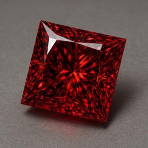 Op de afbeelding: Een vierkant geslepen edelsteen met een diepe, levendige rode kleur en een gefacetteerd oppervlak dat een complex, stervormig patroon van lichtreflecties creëert. De steen heeft scherpe, strakke randen en een symmetrische geometrische vorm.