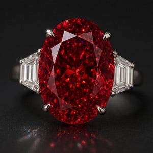 May include: A ring featuring a large, oval-cut, deep red gemstone set in a silver-toned metal band. The central red stone is flanked on each side by a smaller, clear, baguette-cut gemstone, all secured by metal prongs on a polished band.