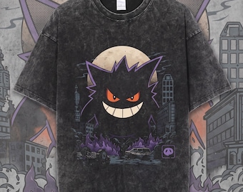 Koszulka inspirowana anime w stylu vintage, sprana, oversize'owa, ciężka koszulka streetwearowa, prezent z gotyckiej kreskówki, urocza koszulka z grafiką ducha i potwora