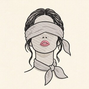 May include: An embroidery design featuring a stylized head with dark hair, wearing a light-colored blindfold over the eyes and a matching knotted scarf around the neck. The lips are highlighted in a soft pink color against the neutral thread work.