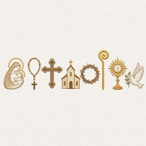 Puede incluir: Un diseño de bordado que presenta una serie de iconos religiosos en hilo dorado y blanco. La secuencia incluye una Virgen con el Niño, un rosario, una cruz, un edificio de iglesia, una corona de espinas, un báculo, una custodia y una paloma.