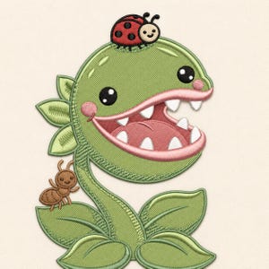 Cute Venus Flytrap Machine Embroidery Design, Kawaii Carnivorous Plant with Ladybug Embroidery File Digital Download