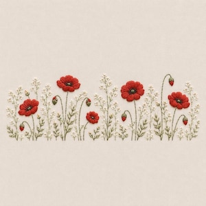 Poppy Wildflower Border Embroidery Design, Red Poppy Floral Machine Embroidery File, Meadow Flower Digital Download PES DST JEF