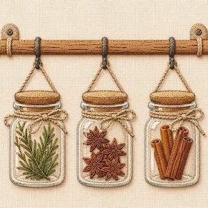 May include: An embroidery art piece featuring three glass jars hanging from a wooden rod. The jars contain green rosemary sprigs, brown star anise, and cinnamon sticks. Each jar has a tan lid, a twine bow, and is suspended by a rope loop.