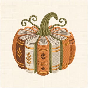 May include: An embroidery design of a pumpkin constructed from vertical books arranged in a circular pattern. The books feature orange, brown, and cream spines with leaf motifs, topped with a textured green stem and two curling vine tendrils.