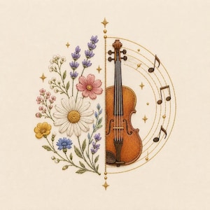 Puede incluir: Un diseño de bordado dividido en dos mitades. El lado izquierdo presenta un arreglo colorido de margaritas, lavanda y flores silvestres. El lado derecho muestra un violín marrón con pentagramas, notas musicales y estrellas doradas.