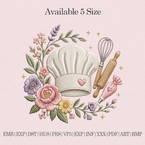 Floral Baking Embroidery Design, Chef Hat Whisk Rolling Pin and Piping Bag Machine Embroidery File