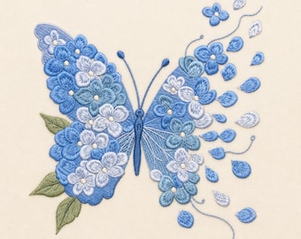 Blue Floral Butterfly Embroidery Design, Hydrangea Butterfly, Elegant Spring Machine Embroidery