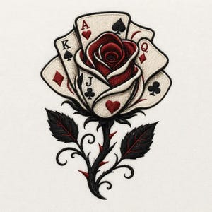 Playing Card Rose Embroidery Design, Poker Rose Machine Embroidery File, Casino Card Tattoo Style Digital Download PES DST JEF