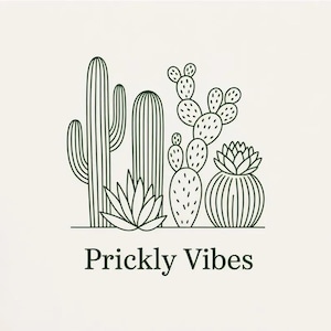 May include: A dark green line art illustration of four distinct cacti and a succulent arranged in a row. The design features a tall saguaro, a columnar cactus, a prickly pear, and a round cactus. The text Prickly Vibes is printed below.