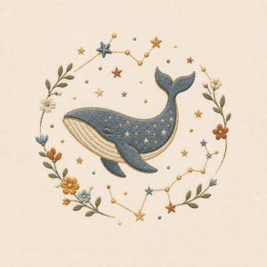 May include: An embroidery design featuring a blue whale with a cream-colored underbelly, decorated with small white stars. The whale is surrounded by a circular wreath of green leaves, small flowers in shades of blue, orange, and white, and gold stars.