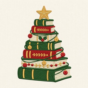 May include: An embroidery design of a Christmas tree constructed from a stack of seven books in alternating green, red, and cream colors. The stack is topped with a gold star and decorated with a green garland, red berries, and gold ornaments.