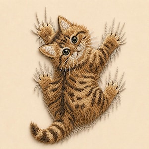 Puede incluir: Un parche bordado que muestra un gatito atigrado marrón con rayas oscuras y grandes ojos oscuros. El gatito aparece en una pose de escalada con las cuatro patas extendidas, mostrando garras de hilo de color claro que se extienden hacia afuera.