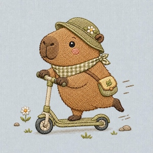 Peut inclure: Une illustration brodée représentant un capybara marron portant un chapeau bob vert avec une fleur blanche, une écharpe à carreaux verts et blancs et une petite sacoche verte, sur une trottinette vert clair sur un fond bleu texturé.