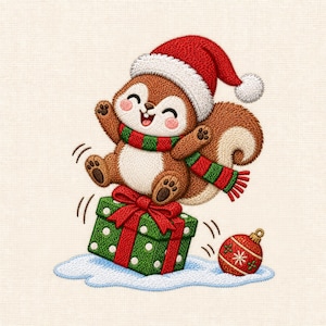 May include: An embroidered design of a brown squirrel wearing a red and white Santa hat and a red and green striped scarf. The squirrel is jumping on a green gift box with white polka dots and a red bow, next to a red Christmas ornament.