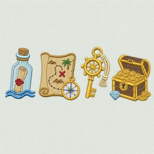 May include: An embroidery design featuring a message in a bottle, a treasure map with a compass, a golden ship wheel key with a tassel, and an open wooden treasure chest filled with gold coins and a blue diamond on a light fabric background.