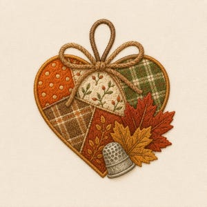 May include: A heart-shaped fabric ornament featuring a patchwork design of orange polka dots, green plaid, brown plaid, and a cream floral print. A rope bow sits at the top, with embroidered maple leaves and a silver thimble at the bottom right.