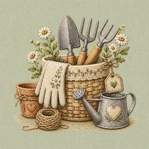 Könnte beinhalten: Eine gestickte Illustration mit einem geflochtenen Korb, gefüllt mit einer Metallschaufel und zwei Gartenforken mit Holzgriffen. Ein Paar weiße Handschuhe, eine kleine Gießkanne mit Herzmotiv, ein Knäuel Bindfaden und ein Topf sind enthalten.