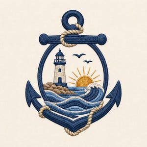 Può includere: Un disegno da ricamo con una cornice a forma di ancora blu scuro avvolta da una corda color sabbia. All'interno dell'ancora, un faro si erge su una costa rocciosa accanto a un sole giallo nascente e onde blu. Due piccoli uccelli volano in cielo.