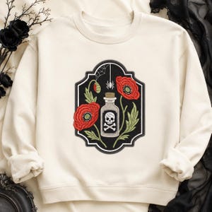 Motif de broderie d'Halloween : bouteille de poison, potion en forme de crâne avec coquelicots rouges et araignée, broderie machine florale gothique, écusson effrayant