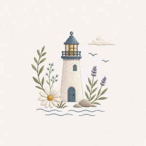 May include: An embroidery design featuring a central white lighthouse with a blue roof and door, illuminated yellow windows, surrounded by green leafy stems, a large white daisy, lavender sprigs, small rocks, two birds, and a cloud.