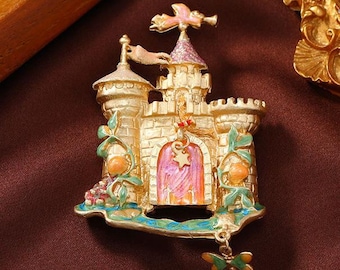 Fantasiekasteelbroche, emaille sprookjeskasteelspeld, prinses kasteelbroche, vintage strass broche, grillig cadeau voor haar