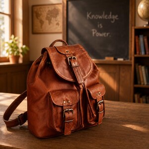 May include: A cognac-coloured leather backpack featuring a top flap with a buckle closure, two front pockets with buckle straps, and a drawstring main compartment. The bag has adjustable shoulder straps and antique brass-toned metal hardware.