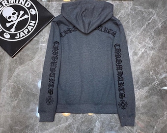 Gray Zip Hoodie Black Cross Sleeve Embroidery Y2K Streetwear Gothic Grunge Hoodie
