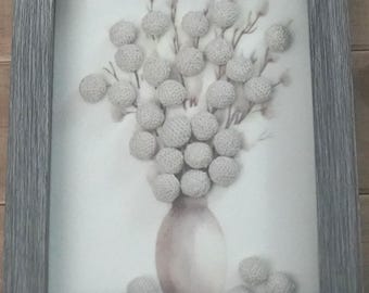 Pussy Willow Wall or Table Frame Button Art in Shadow Box frame with glass front 5x7
