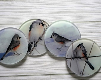 Set of 4 Round Glass Coasters - Tufted Titmouse- Save the finish on your furniture with these great coasters