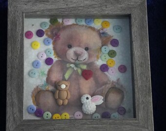 Teddy Bear Wall or Table Frame Button Art in grey Shadow Box frame with glass front 5x5