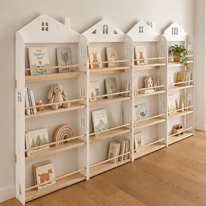Kinderbibliothek-Wandregal in Hausform: Schmale Montessori-Bücherbox für Kleinkinder, weiß und aus Holz