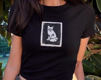 Baby Fox Patch Tee – Hand-Printed Cropped Black Shirt