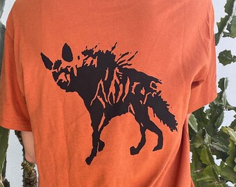 Striped Hyena T-Shirt – Hand Printed Linocut Shirt – Hyaena hyaena Punk Print – Burnt Orange Front & Back Relief Print – Size Small
